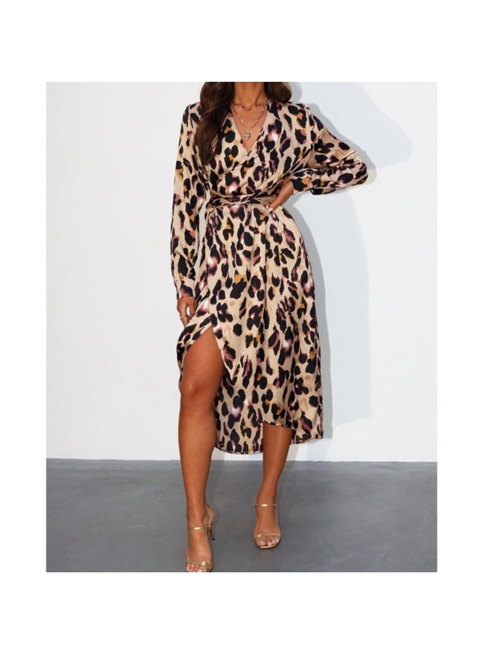 Never Fully Dressed Satin Leopard Long Sleeve Wrap Midi Dress 2